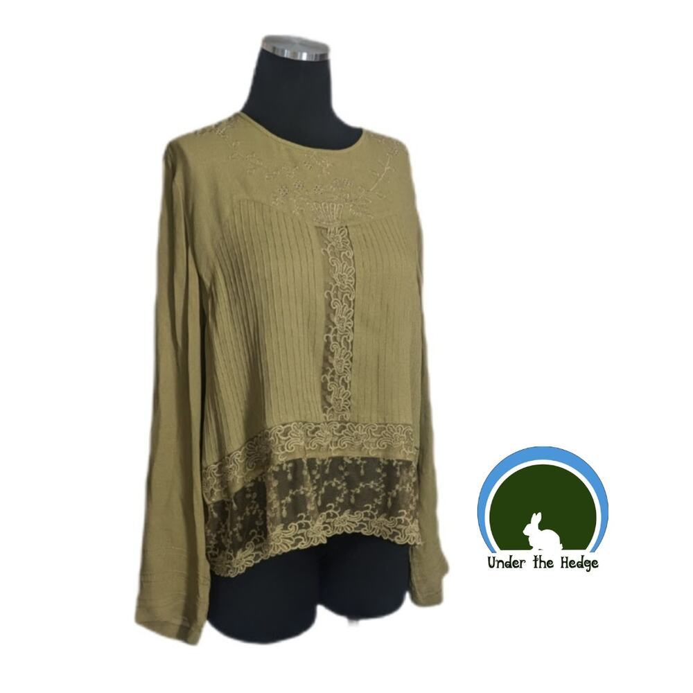 Vtg April Cornell Khaki Lace Long  Sleeve Blouse Top Size Large Cottagecore P1